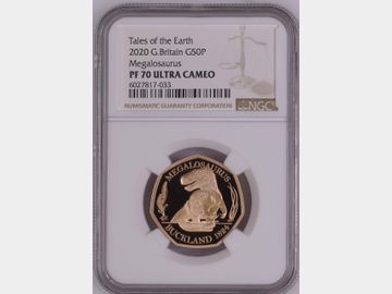 2020 QUEEN ELIZABETH II PROOF GOLD 50 PENCE MEGALOSAURUS PF70 TOP POP!