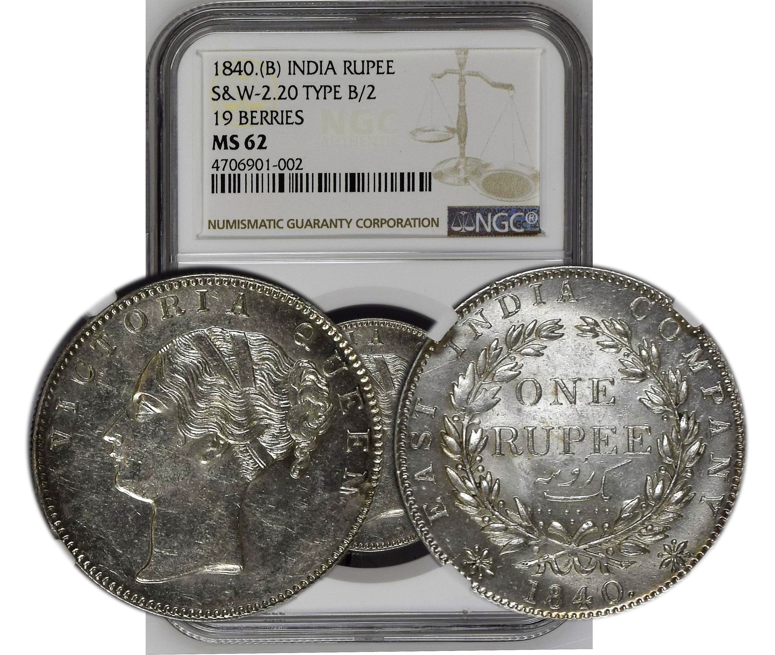 1840 B INDIA RUPEE S&W-2.2 TYPE B/2 MS62