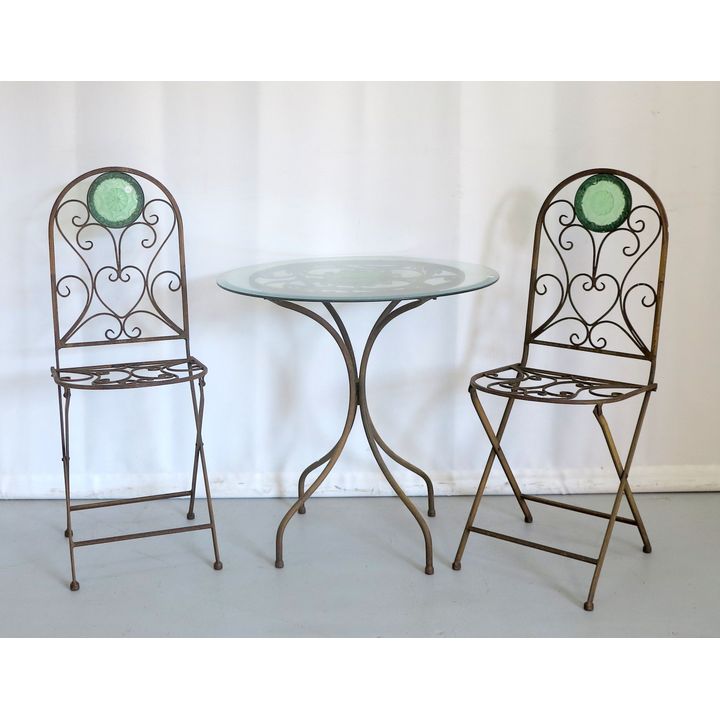 PRESSED GLASS INSET METAL GARDEN TABLE AND PAIR OF CHAIRS