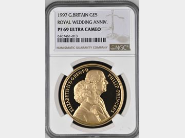 1997 PROOF GOLD 5 POUND ROYAL GOLDEN WEDDING ANNIVERSARY PF69 UCAM BOX & CERTIFICATE