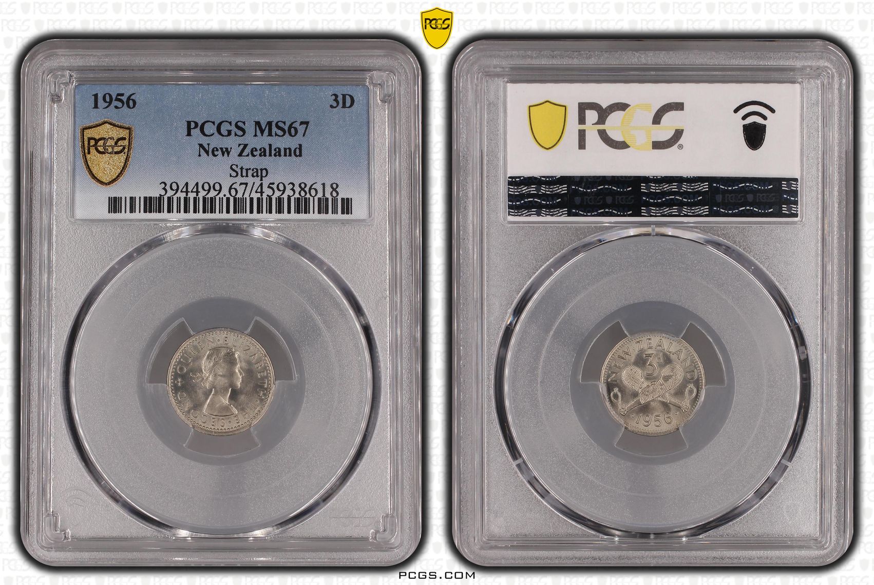 1956 New Zealand Threepence Strap PCGS - MS67 POP 1/0 -618