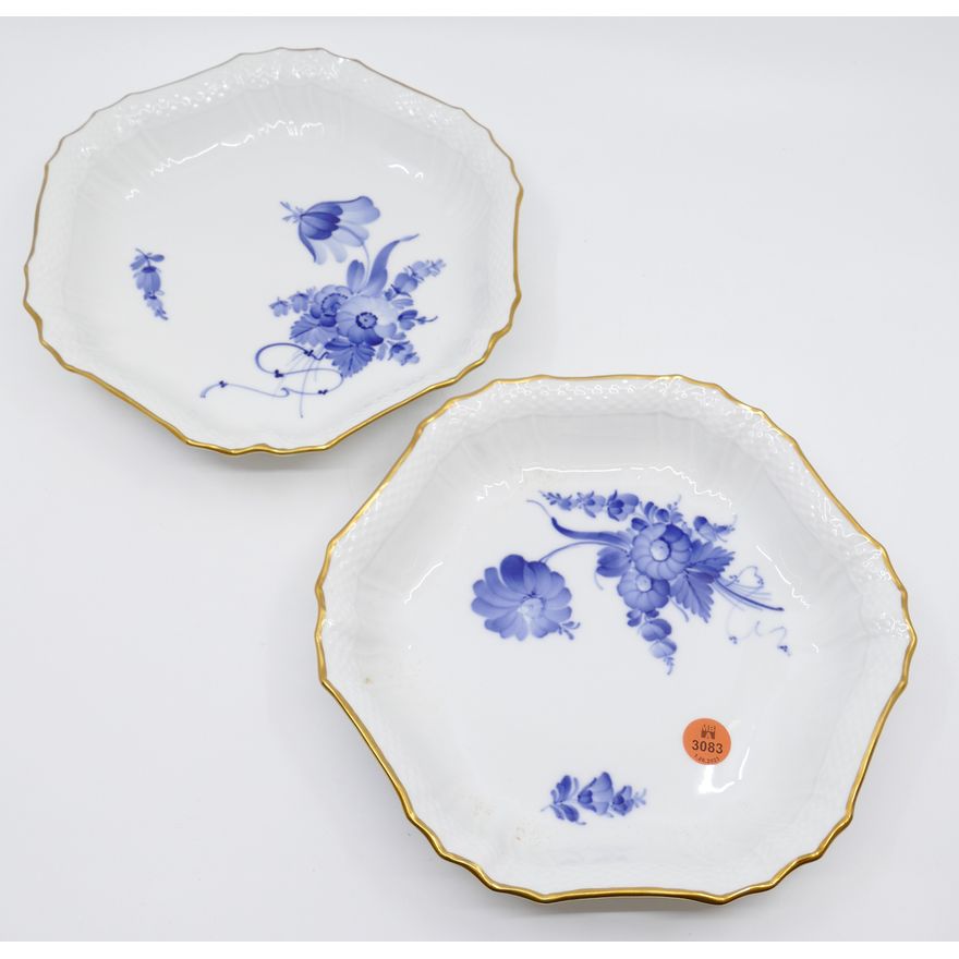 2pc Royal Copenhagen Blue Flowers (Curved) Hexagonal Serving Plates- 9"