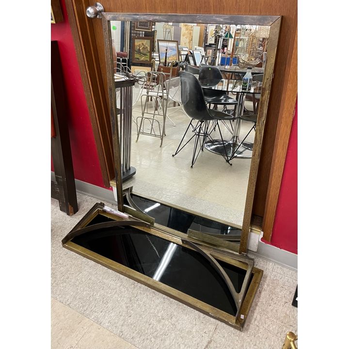 2pc Midcentury Brass Framed Wall Shelf with Mirror