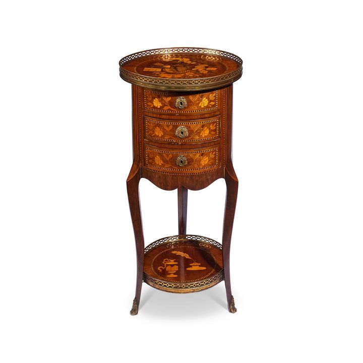 A late 19th century French walnut, kingwood and sycamore table en chiffonière