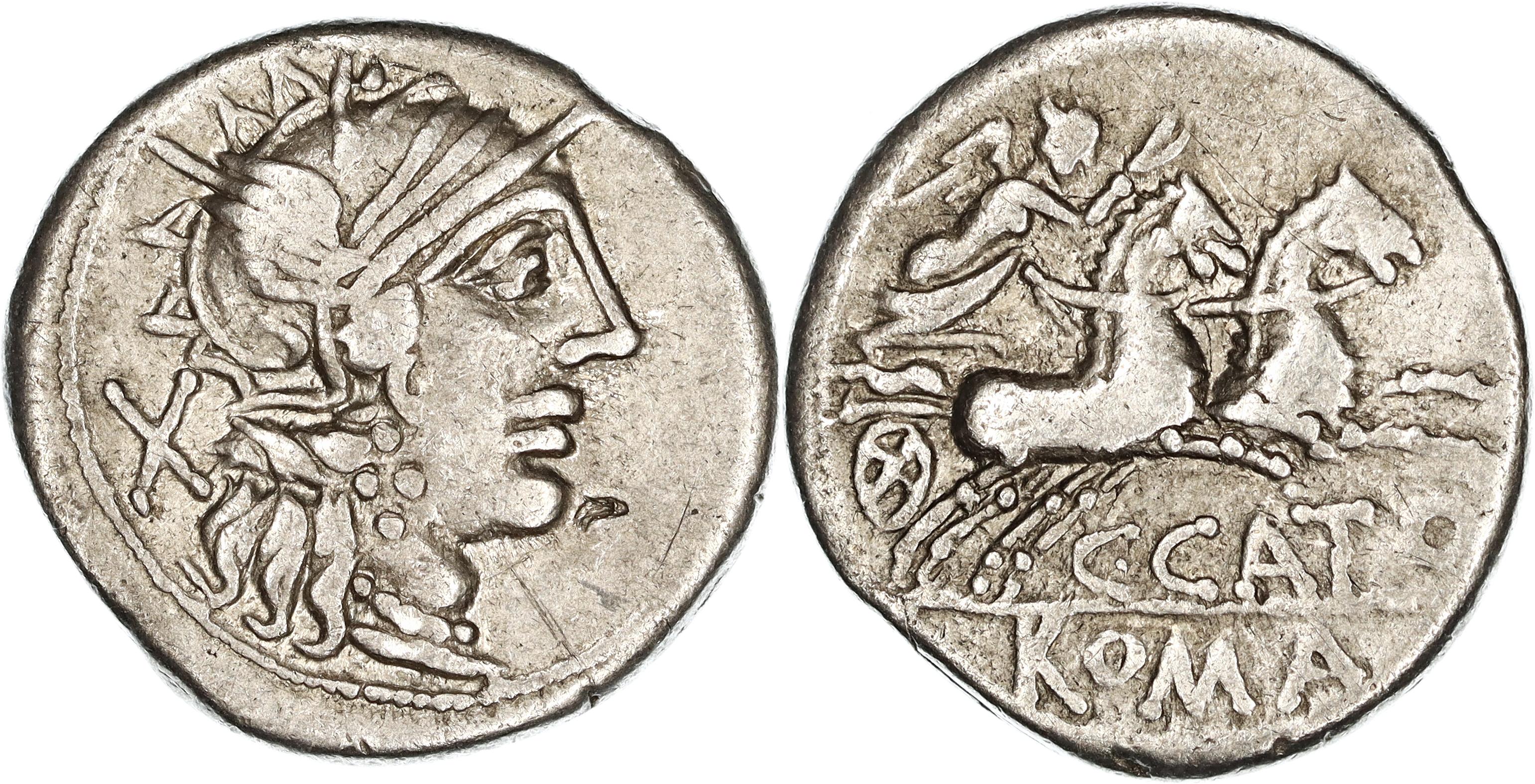 Roman Republic, C. Porcius Cato, Silver Denarius, 123 BC, nVF