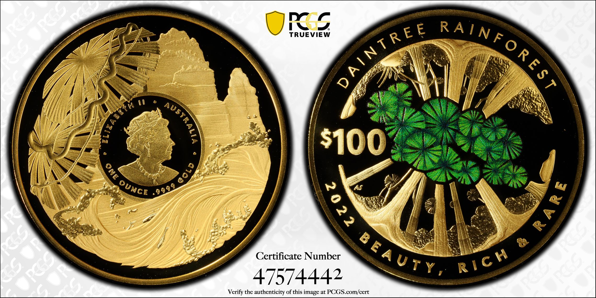 Elizabeth II, Daintree Rainforest 1oz Gold, POP 50/0, One Hundred Dollar, 2022, PCGS PR70DCAM