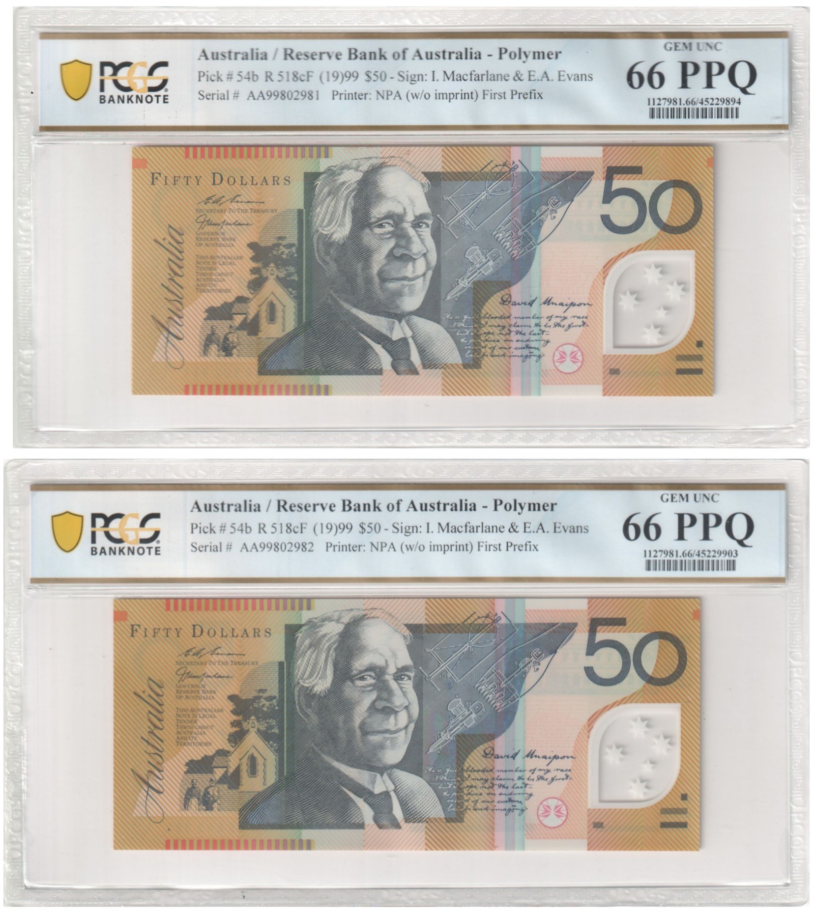 1999 $50 Macfarlane/Evans Gem Unc 66 PPQ Consecutive Pair of NPA First Prefix Notes