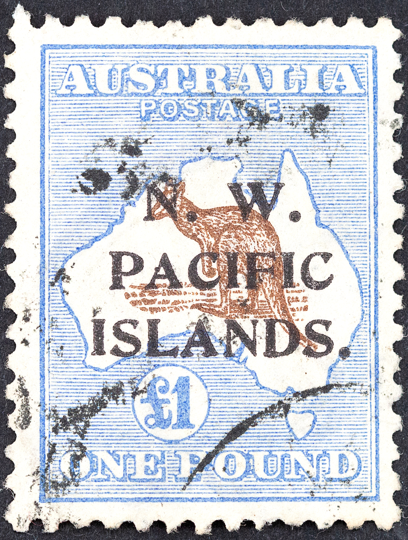 New Guinea, Third Watermark Kangaroo NWPI Overprints, One Pound, Chocolate & Blue, 1915, GU