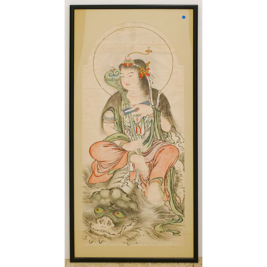 Old Japanese Guanyin with Ruyi Scroll Painting Framed 59''x27.5''