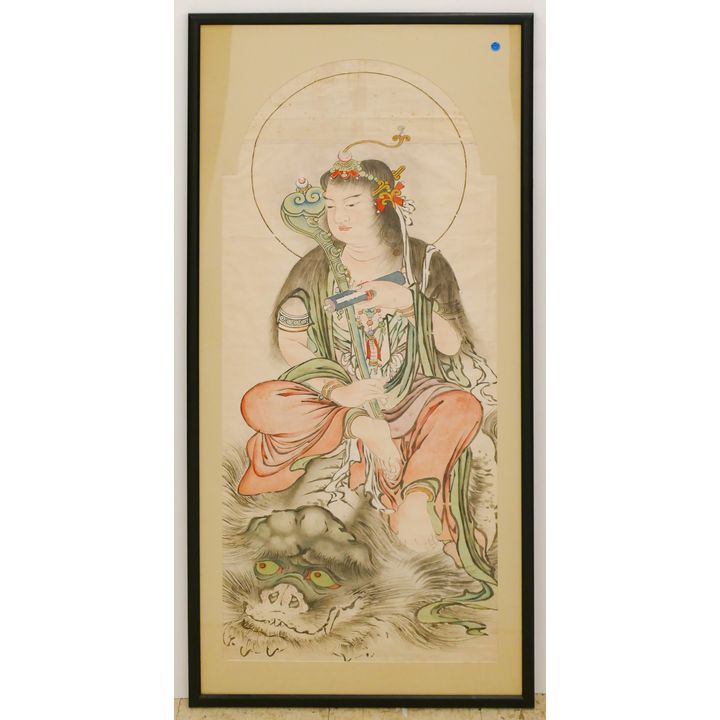 Old Japanese Guanyin with Ruyi Scroll Painting Framed 59''x27.5''