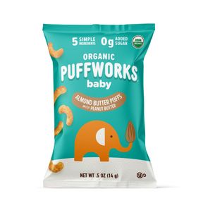PUFFWORKS BABY ORGANIC ALMOND BUTTER PUFFS, WITH PEANUT BUTTER, PLANT-BASED PROTEIN, USDA ORGANIC, GLUTEN-FREE, VEGAN, NON-GMO, KO