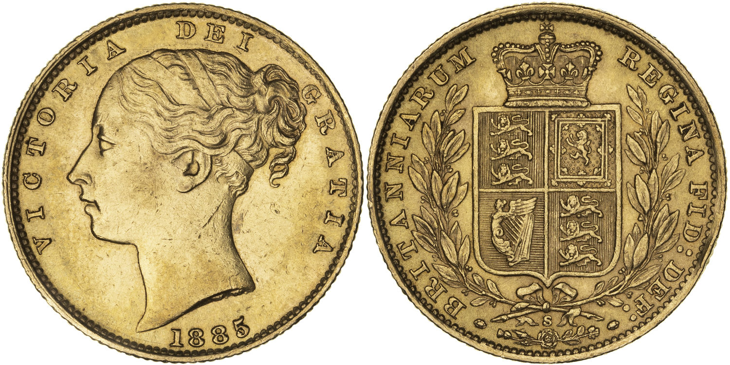 Victoria, Shield Reverse, Sovereign, 1885-S, UNC