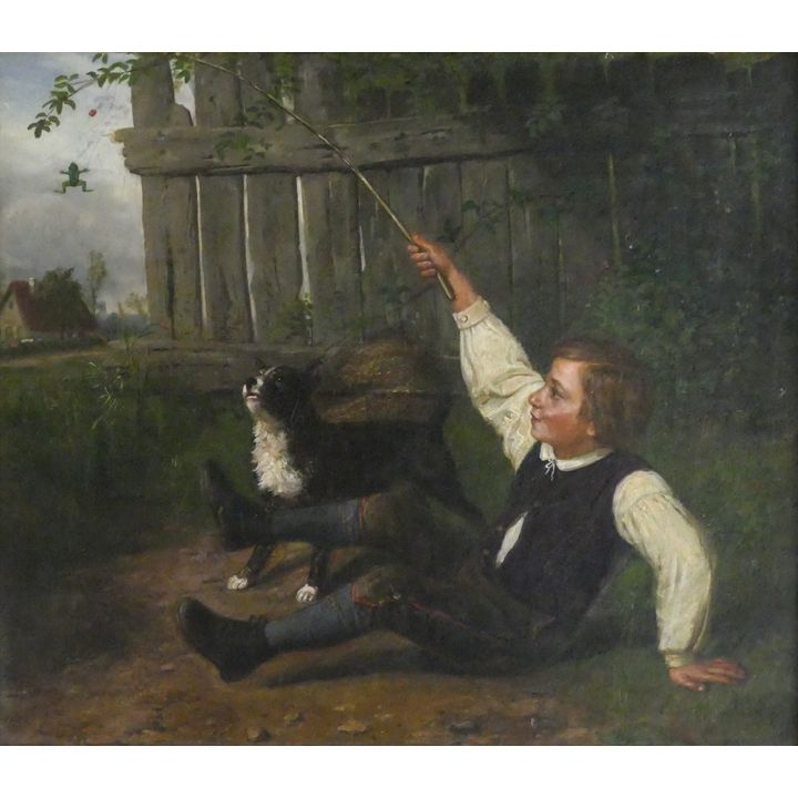German School 19th Cent. ''Boy with Dog'' Oil