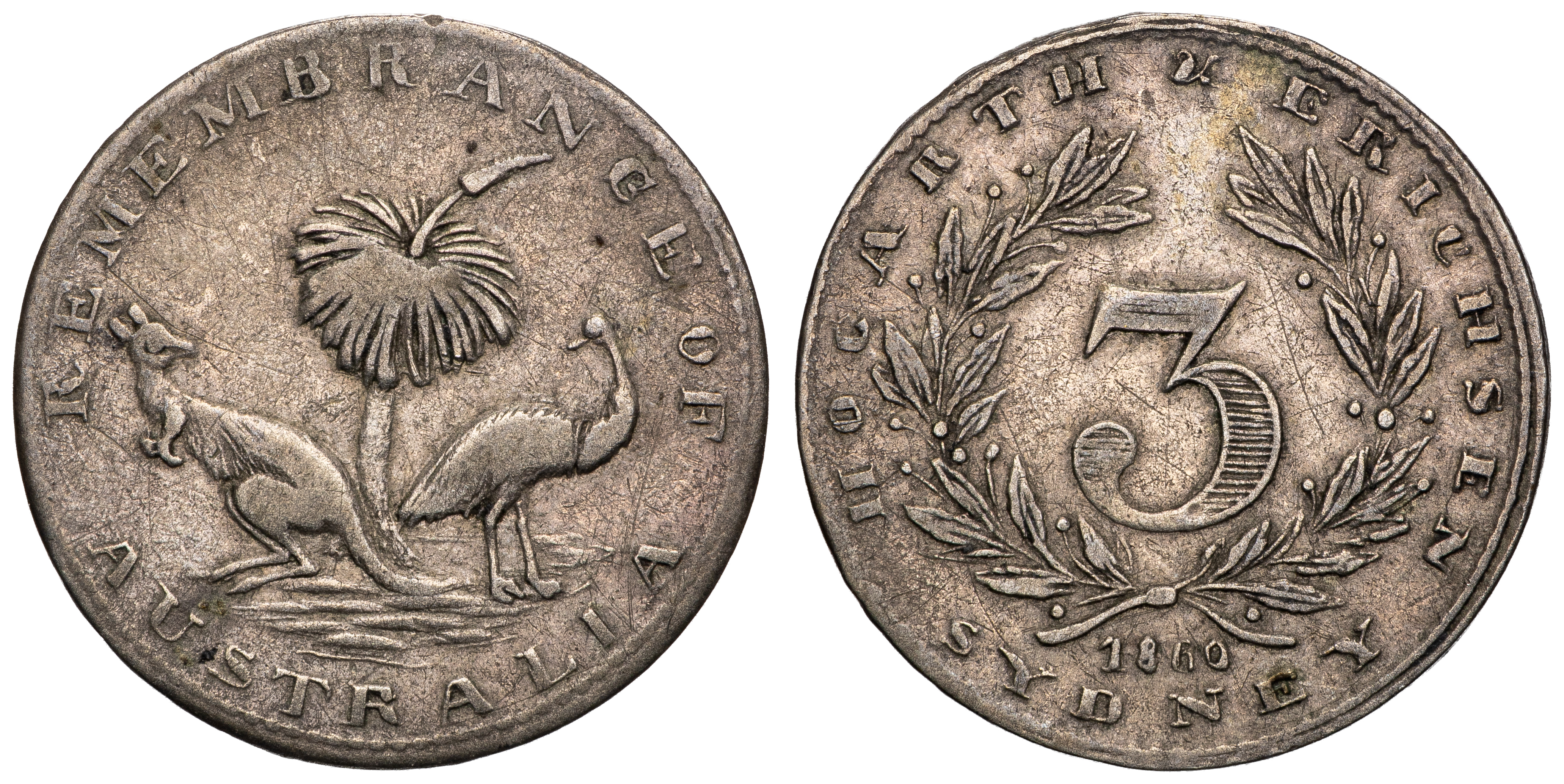 A.123 - Hogarth & Erichsen, Sydney, NSW, Threepence, 1860, gF