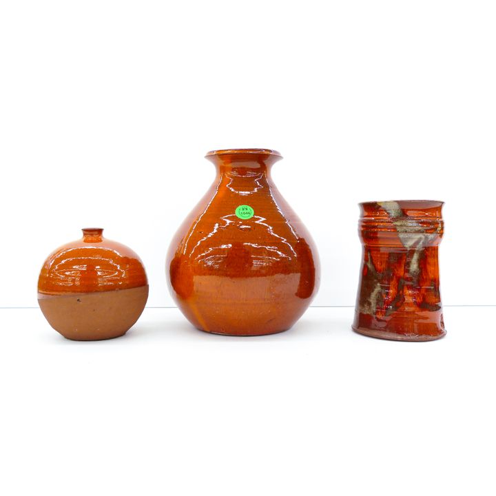 3pc Pacific Stoneware Orange Glazed Pottery Vases 4.5'' to 8''