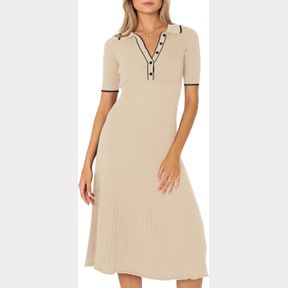 MITILLY WOMEN'S 2024 SUMMER SHORT SLEEVE SWEATER DRESS BUTTON V NECK RIBBED KNIT A LINE CASUAL MIDI DRESSES M