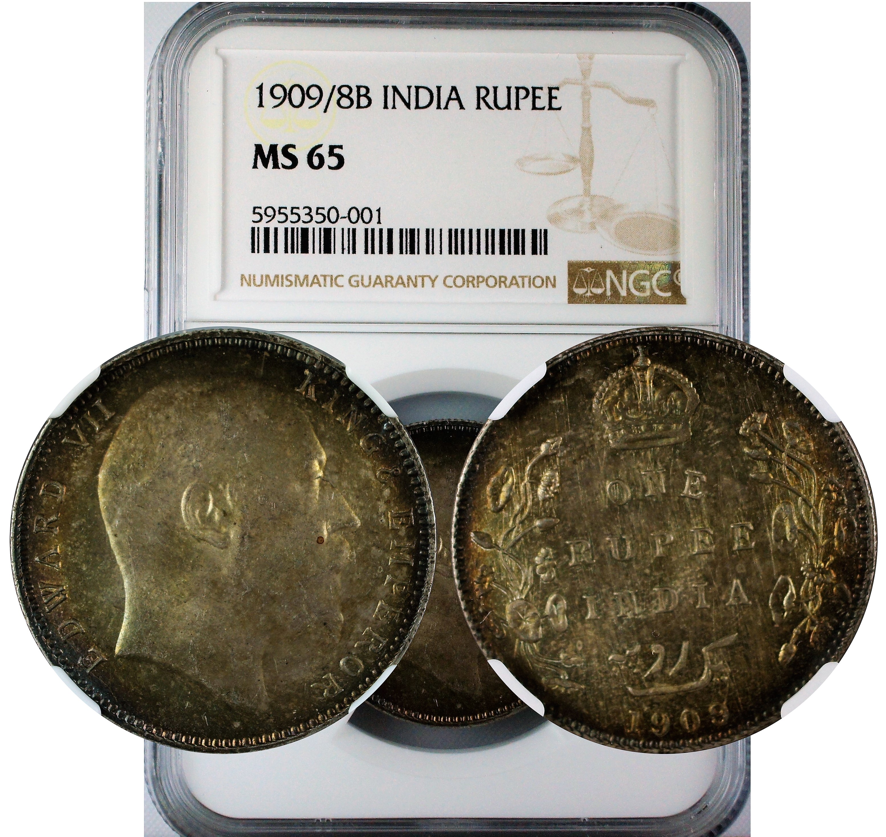 India 1909/8 B Overdate Rupee NGC MS65