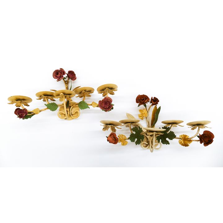 Pair Vintage Painted Metal Floral Candle Sconces- 11x20''