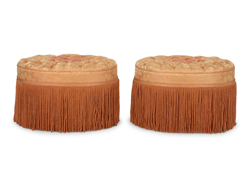 A Pair of Button-Tufted Damask Upholstered Ottomans 
Height 19 1/2 x width 29 3/4 x depth 24 inches.