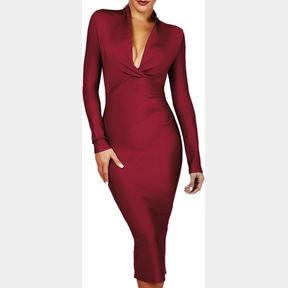 WOMEN'S DEEP PLUNGE V NECK LONG SLEEVES DRAPED KNEE LENGTH BODYCON BANDAGE DRESS SZ MED