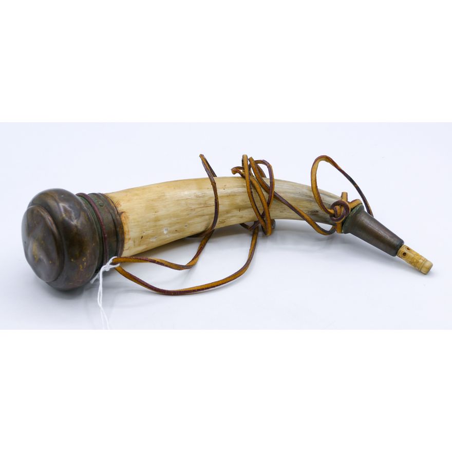 Old Brass Mounted Powder Horn 11''