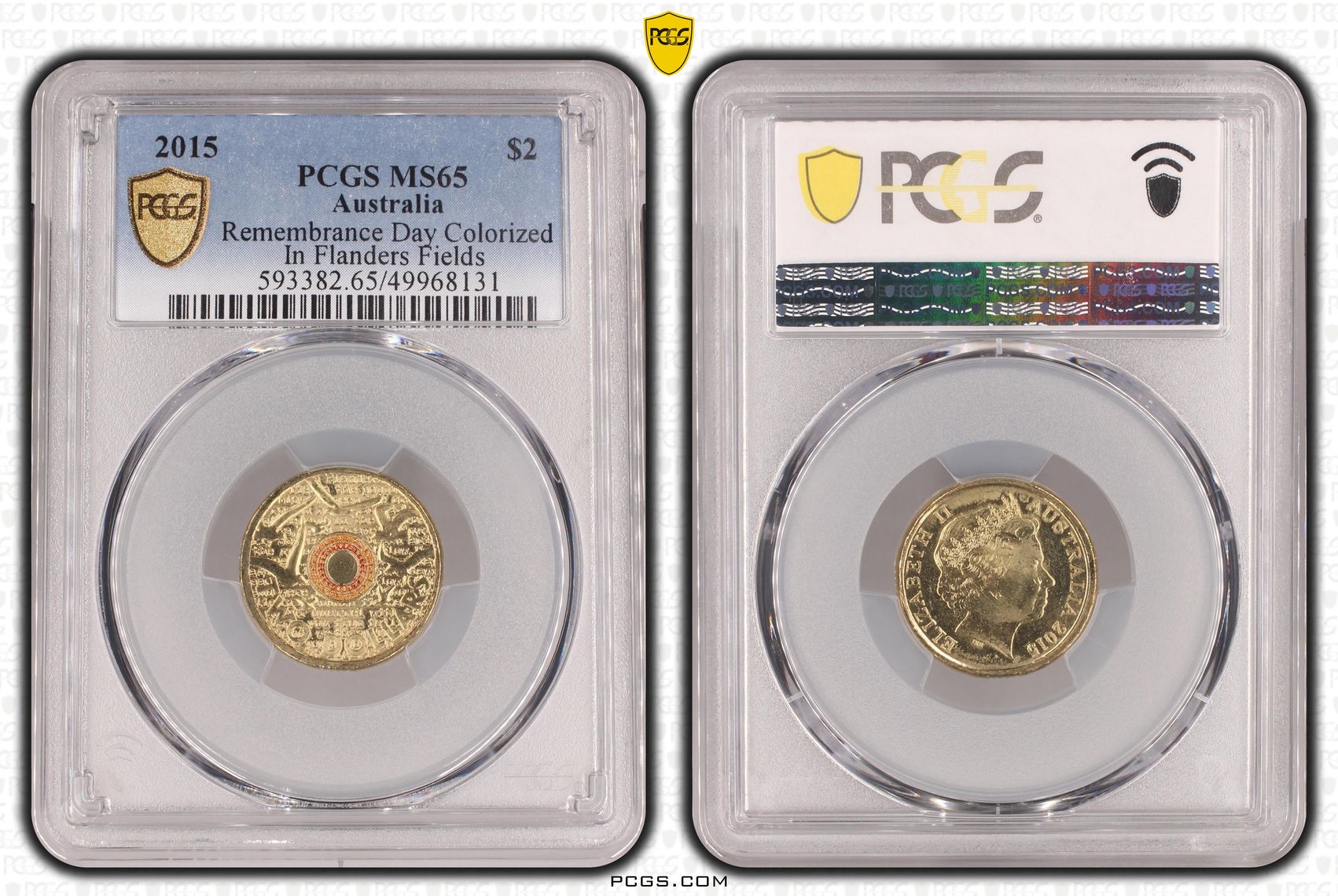 Remembrance Day Colorized - In Flanders Fields , Two Dollar, 2015, PCGS MS65
