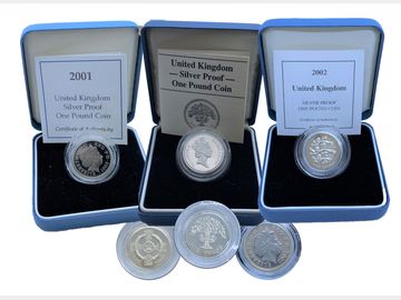 QEII 1987, 2001 & 2002 PROOF SILVER ONE POUND COINS
