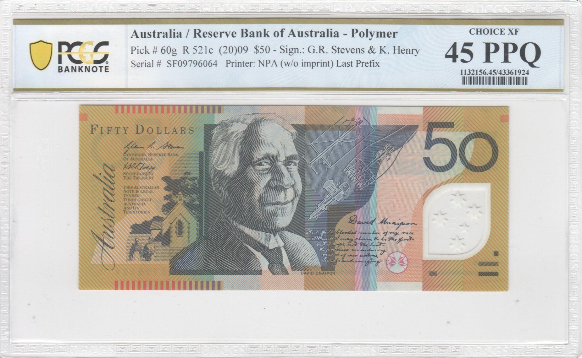 120 · R. 521c, RBA, Polymer, NPA (w/o imprint), Sign.: G.R. Stevens & K. Henry, Last Prefix, Fifty Dollar, (20)09, PCGS - Choice XF 45 PPQ