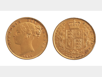 1850 Queen Victoria Young Head London Mint Shield Gold Sovereign.