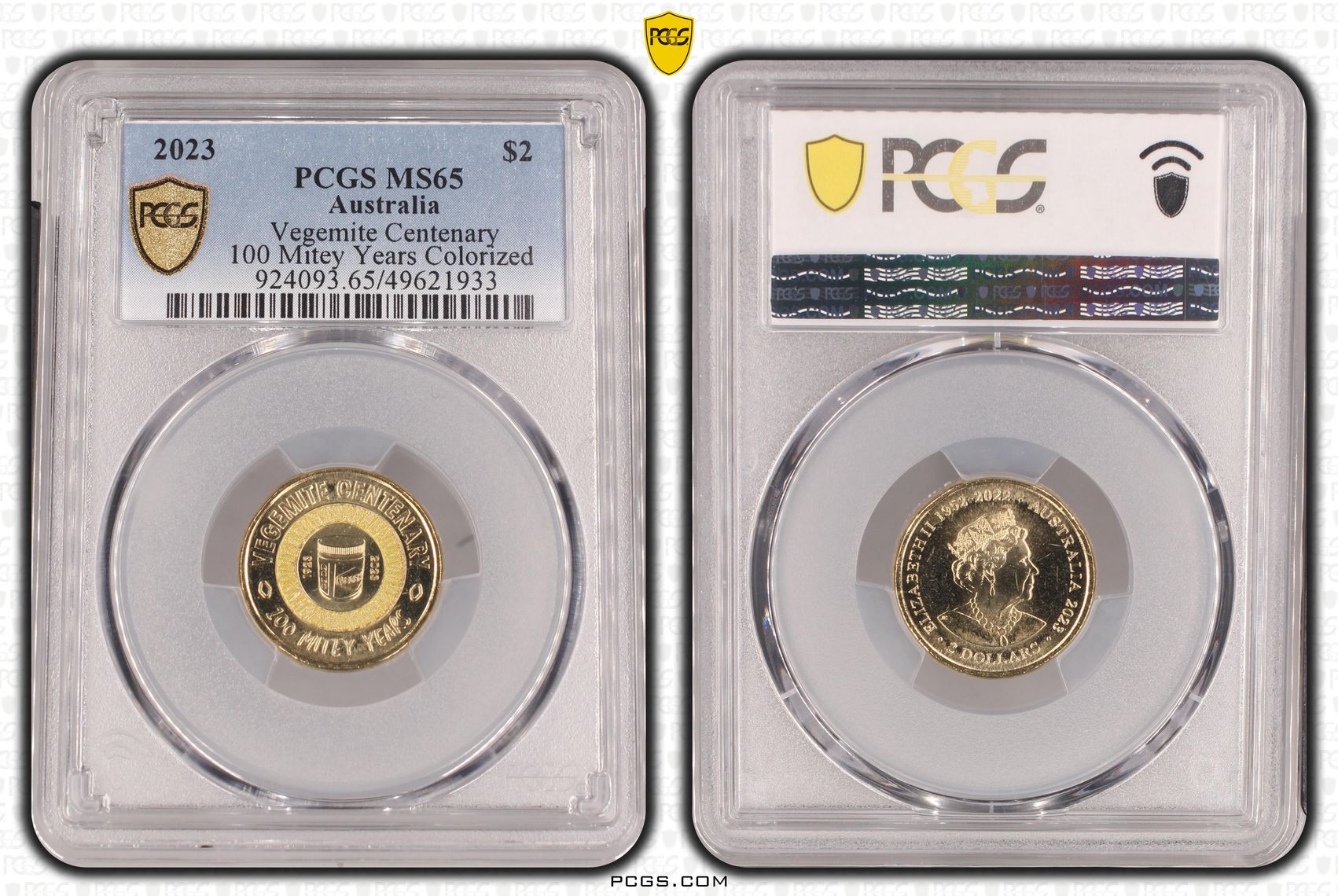Vegemite Centenary Colorized 100 Mitey Years , Two Dollar, 2023, PCGS MS65