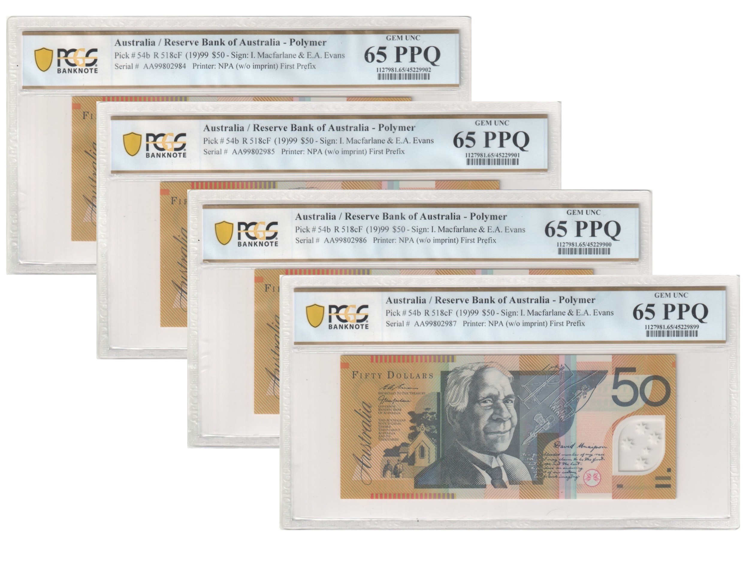 1999 $50 Macfarlane/Evans Gem Unc 65 PPQ Consecutive Run of 4 NPA First Prefix Notes