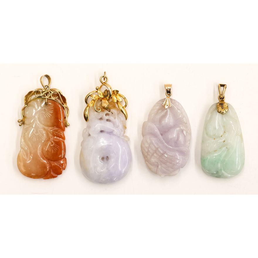 4pc Chinese Jade 14k Carved Pendants