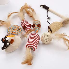 INTERACTIVE FEATHER CAT TOYS | NATURAL & SISAL MATERIAL | PACK OF 7 | INDOOR CAT WAND TOY | GIFT BOX