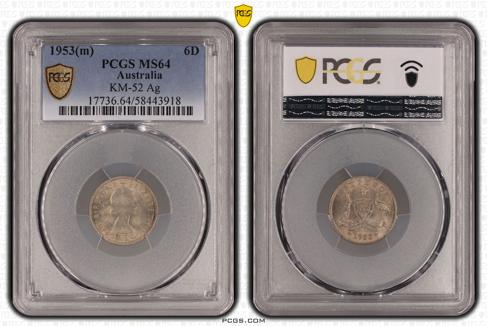 KM-52 Silver, Sixpence, 1953(m), PCGS MS64