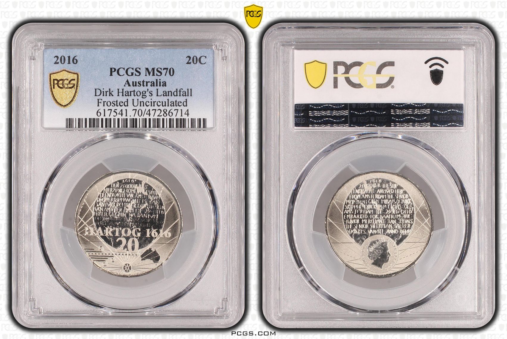 Elizabeth II, 400th Ann Dirk Hartog's Landfall Frosted Uncirculated, Pop 3/0, Twenty Cent, 2016, PCGS MS70