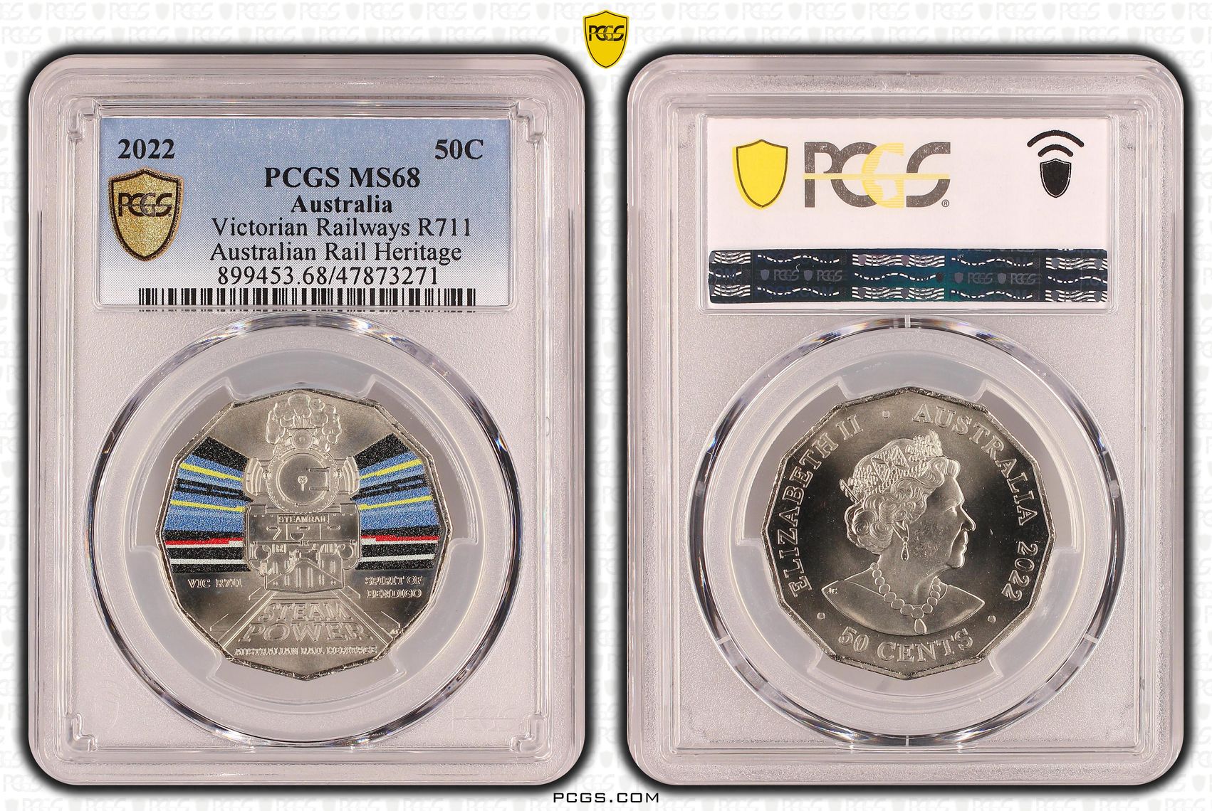 403 · Victorian Railways R711 - Australian Rail Heritage, Fifty Cent, 2022, PCGS MS68