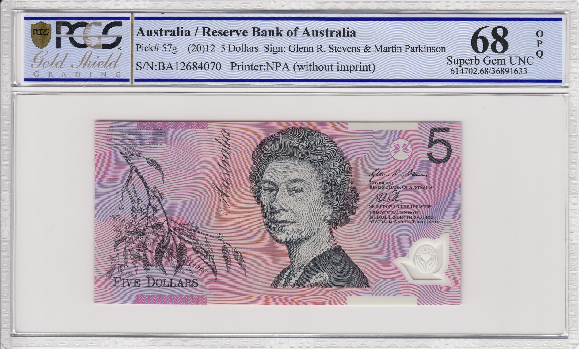 2012 $5 Stevens/Parkinson Superb Gem Unc 68 OPQ First Prefix