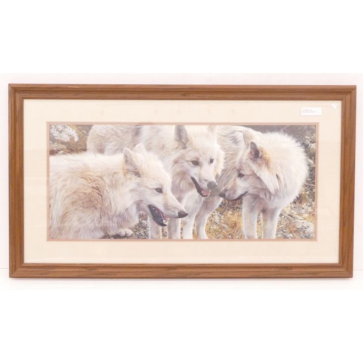 Carl Brenders 'Tundra Summit Arctic Wolves' Numbered Lithograph- 25x45'' framed