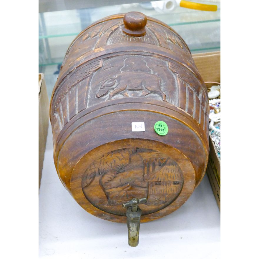 Asian Carved Wood Barrel Keg 13.5''x9''