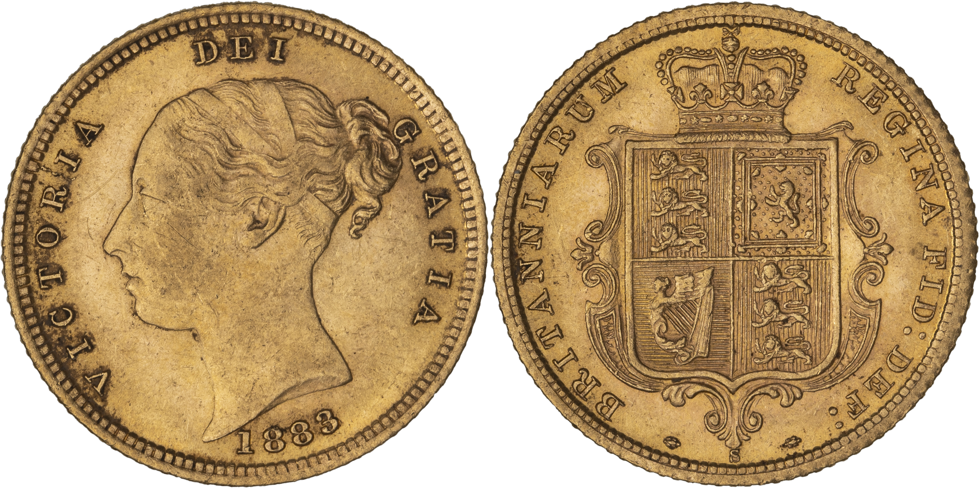 Victoria, Shield Reverse - Young Head, Half Sovereign, 1883-S, gEF