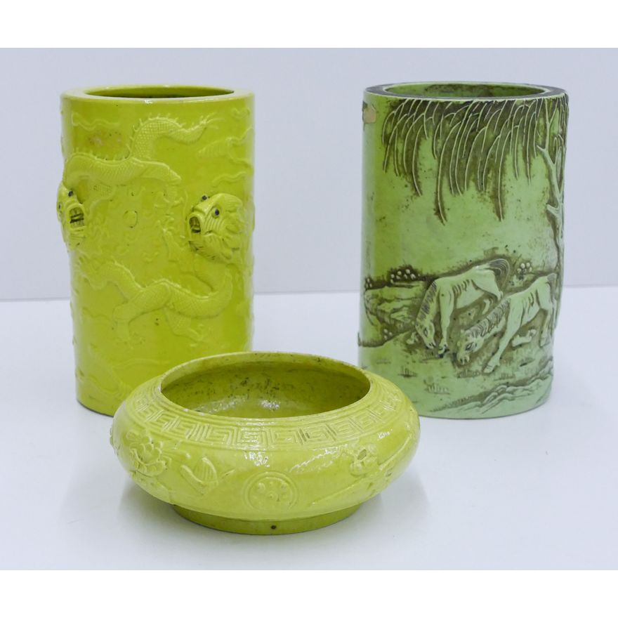 3pc Chinese Republic Molded Brush Pots and Washer