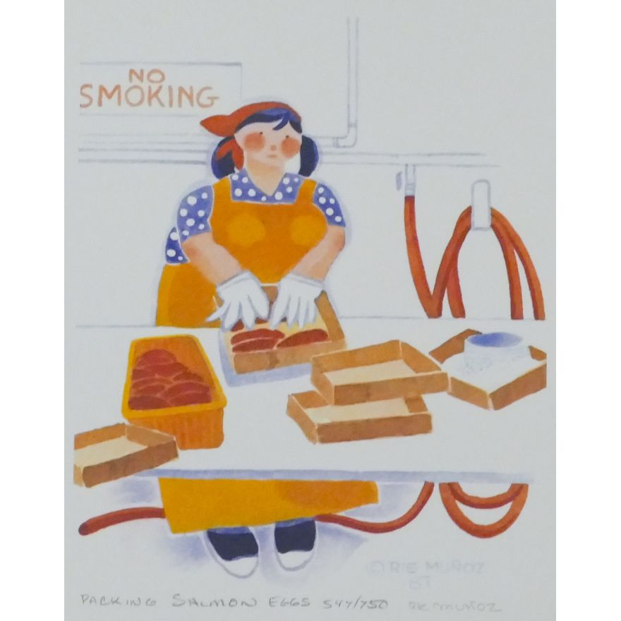 Rie Munoz "Packing Salmon Eggs" 1987 Signed Print 10.5" x 8.75" Sheet.