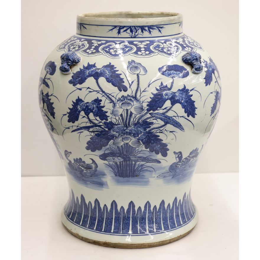 Large Chinese Blue & White Lotus Jar