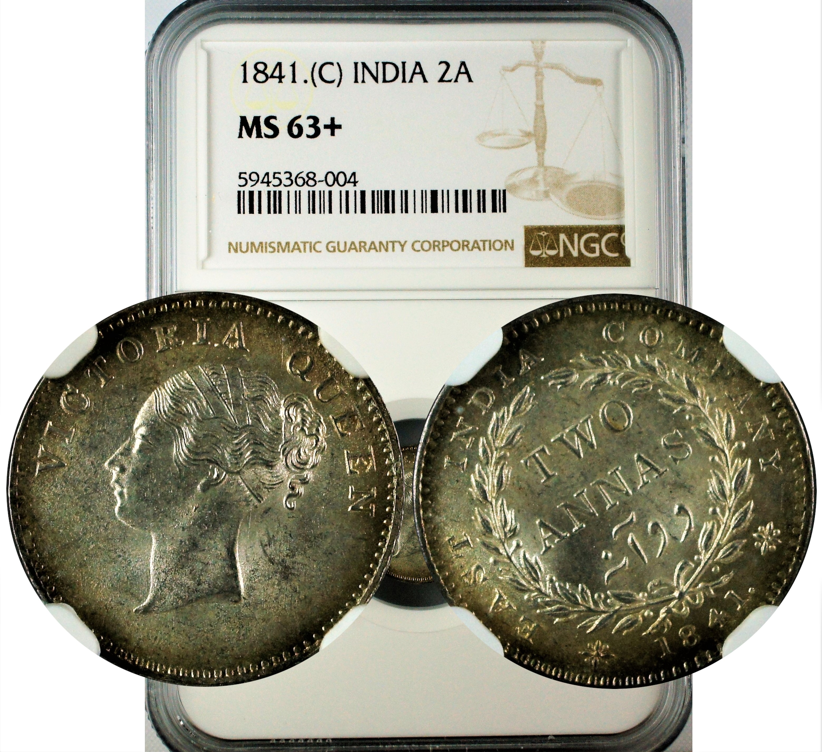 India 1841 C 2 Anna Continuous Legend NGC MS63+