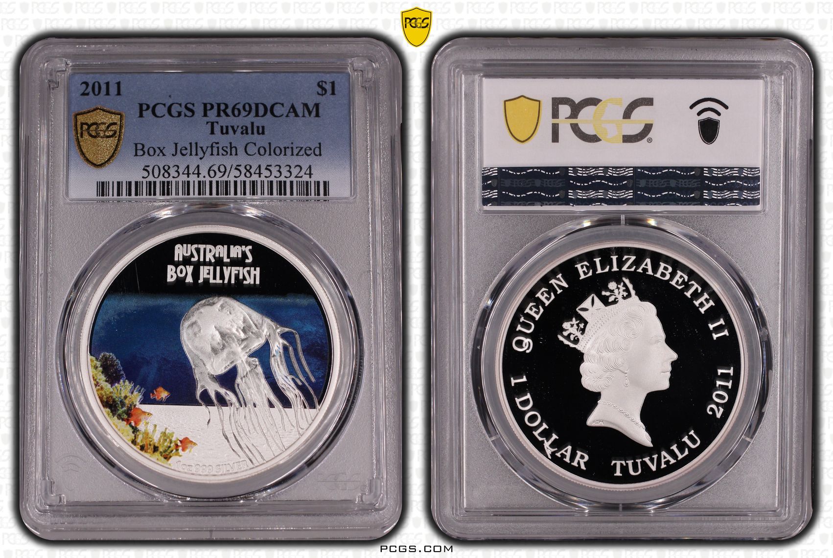 Tuvalu, Box Jellyfish Colourised, One Dollar, 2011, PCGS PR69DCAM