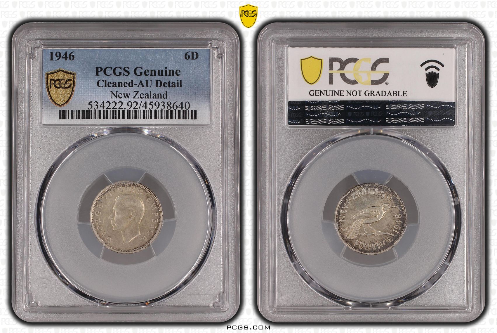 1946 New Zealand Sixpence PCGS - Genuine - AU Details (92 - Cleaned) -640