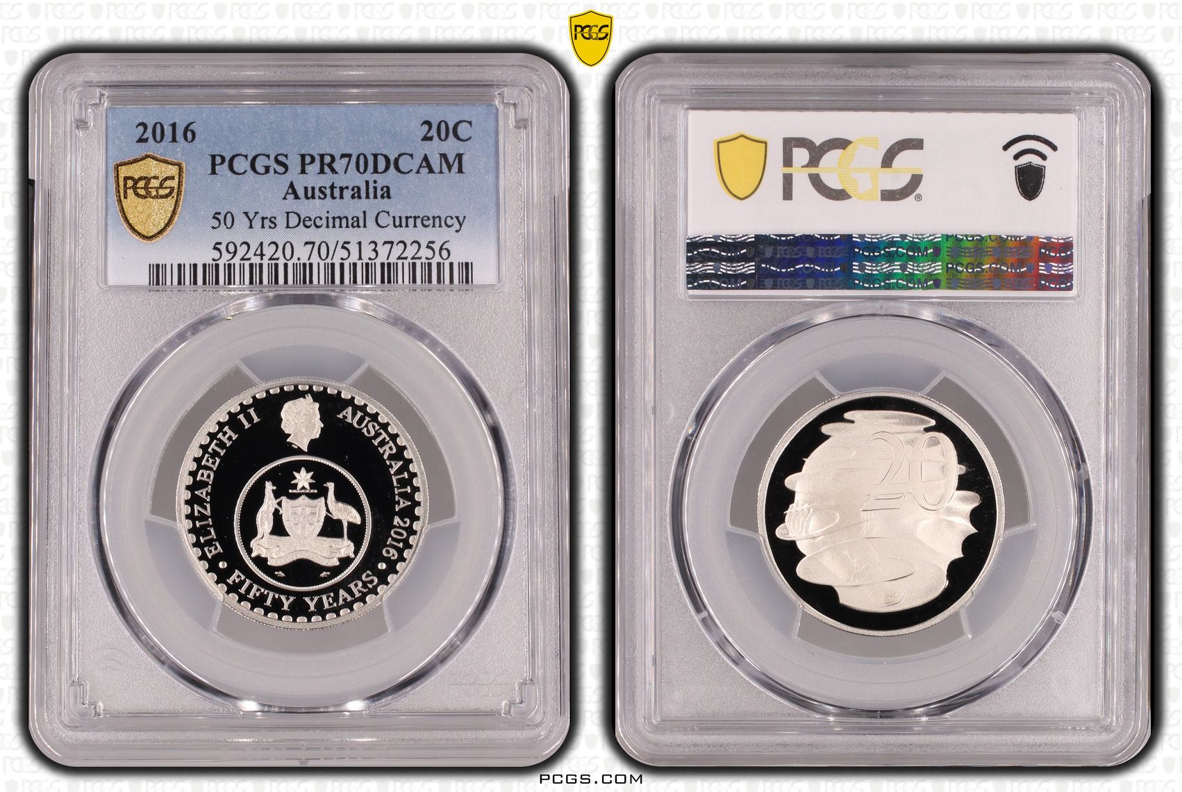 50 Yrs Decimal Currency, Twenty Cent, 2016, PCGS PR70DCAM