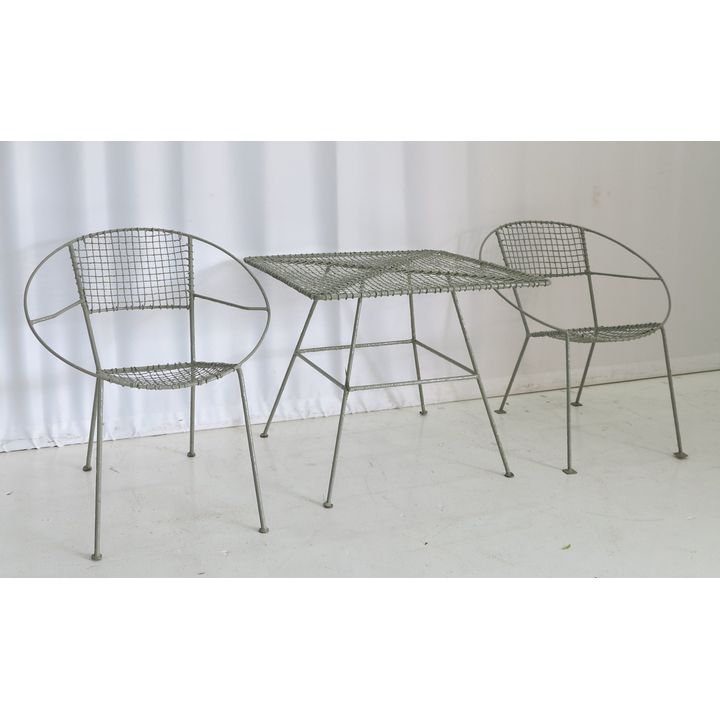 WIRE GARDEN TABLE AND PAIR OF CHAIRS