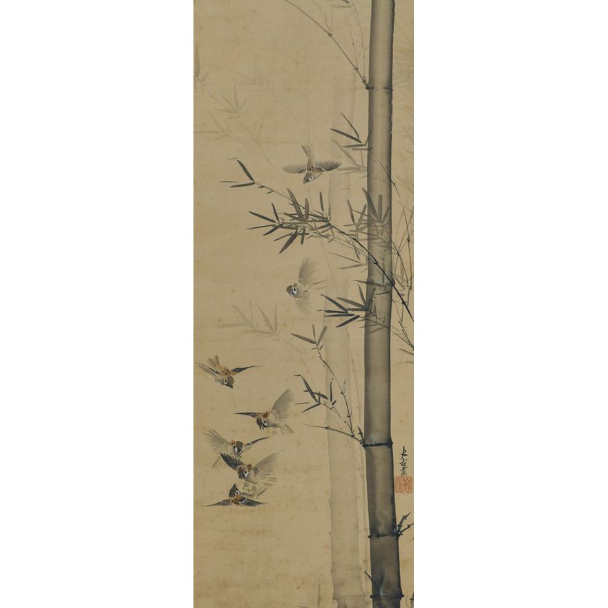 Meiji Japanese Sparrows Scroll Painting 43''x16'' Image
