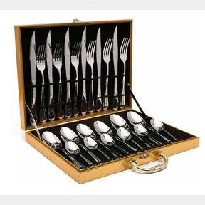 High Quality Stainless Steel 24 Piece Cutlery Set in a Golden Gift Box Silver |